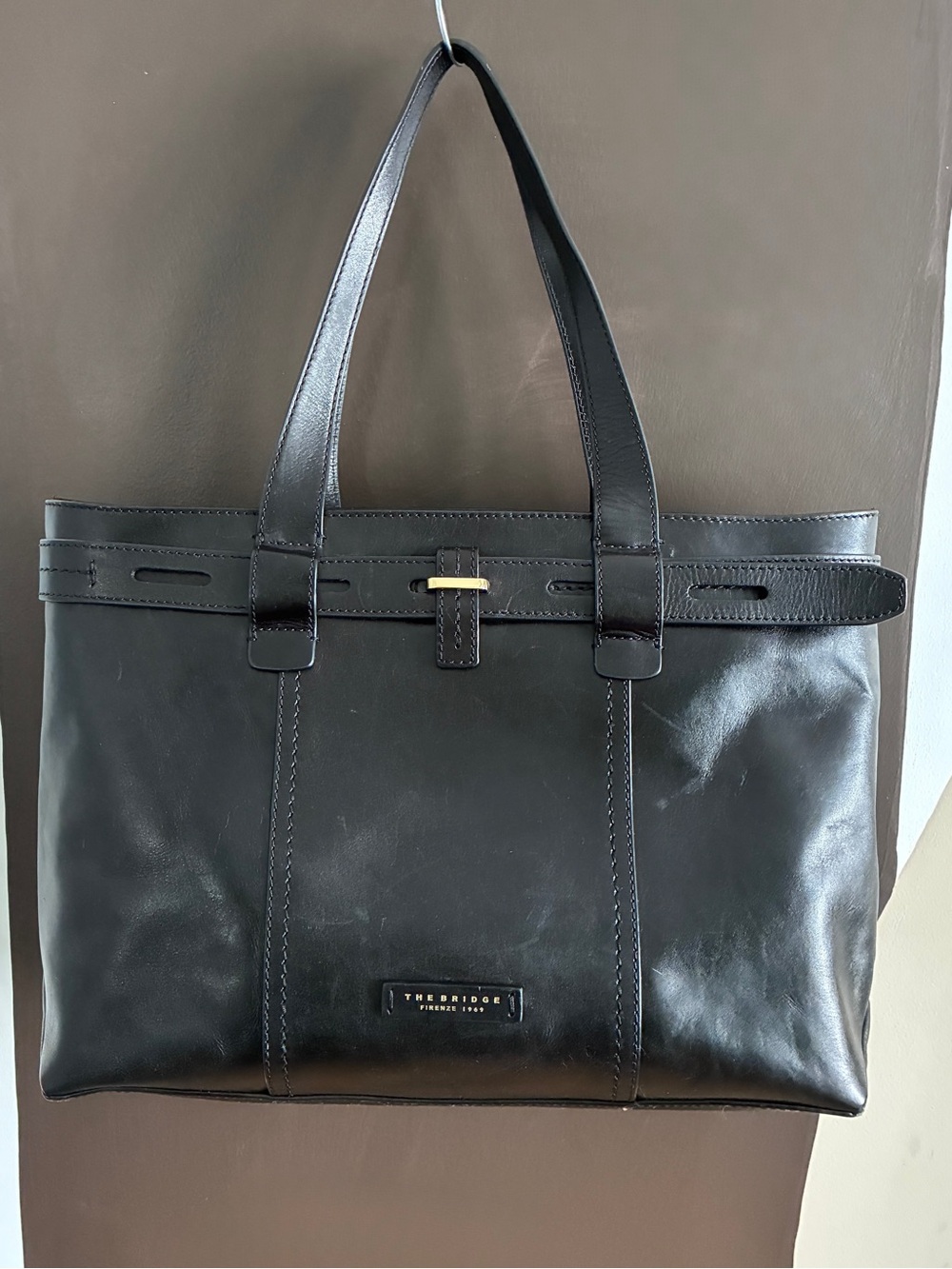 The Bridge Firenze 1969 Black Genuine Leather Tote Work Bag Made In Italy